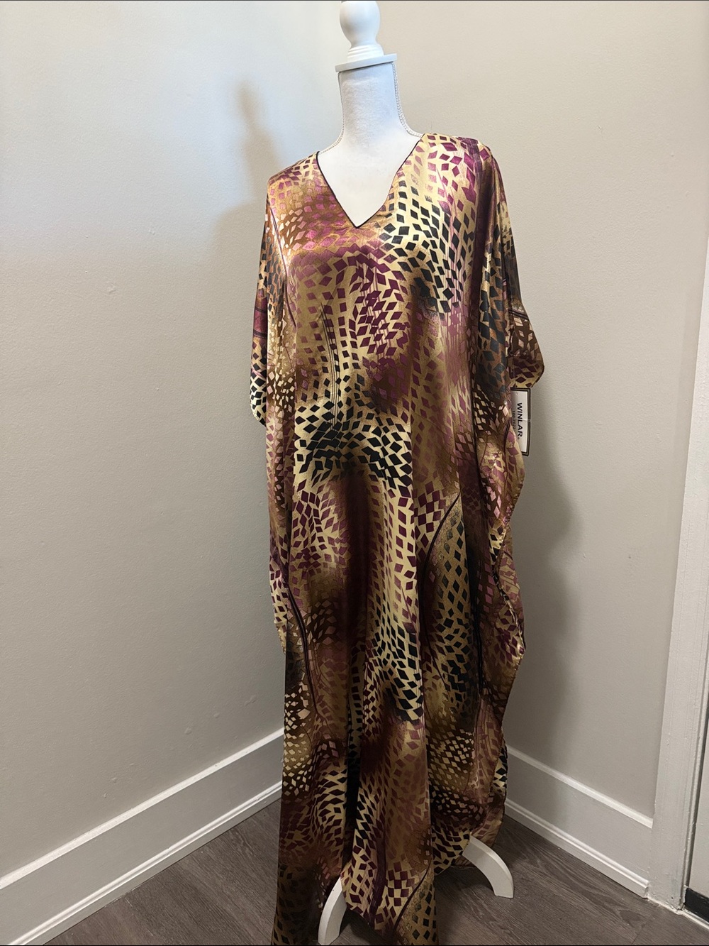 V-Neck Maxi Dress in Brown and Gold Abstract Print